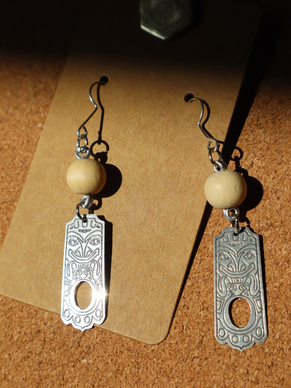Handcrafted Silver-Tone & Natural Wood Bead Dangle Earrings - Women Jewelry